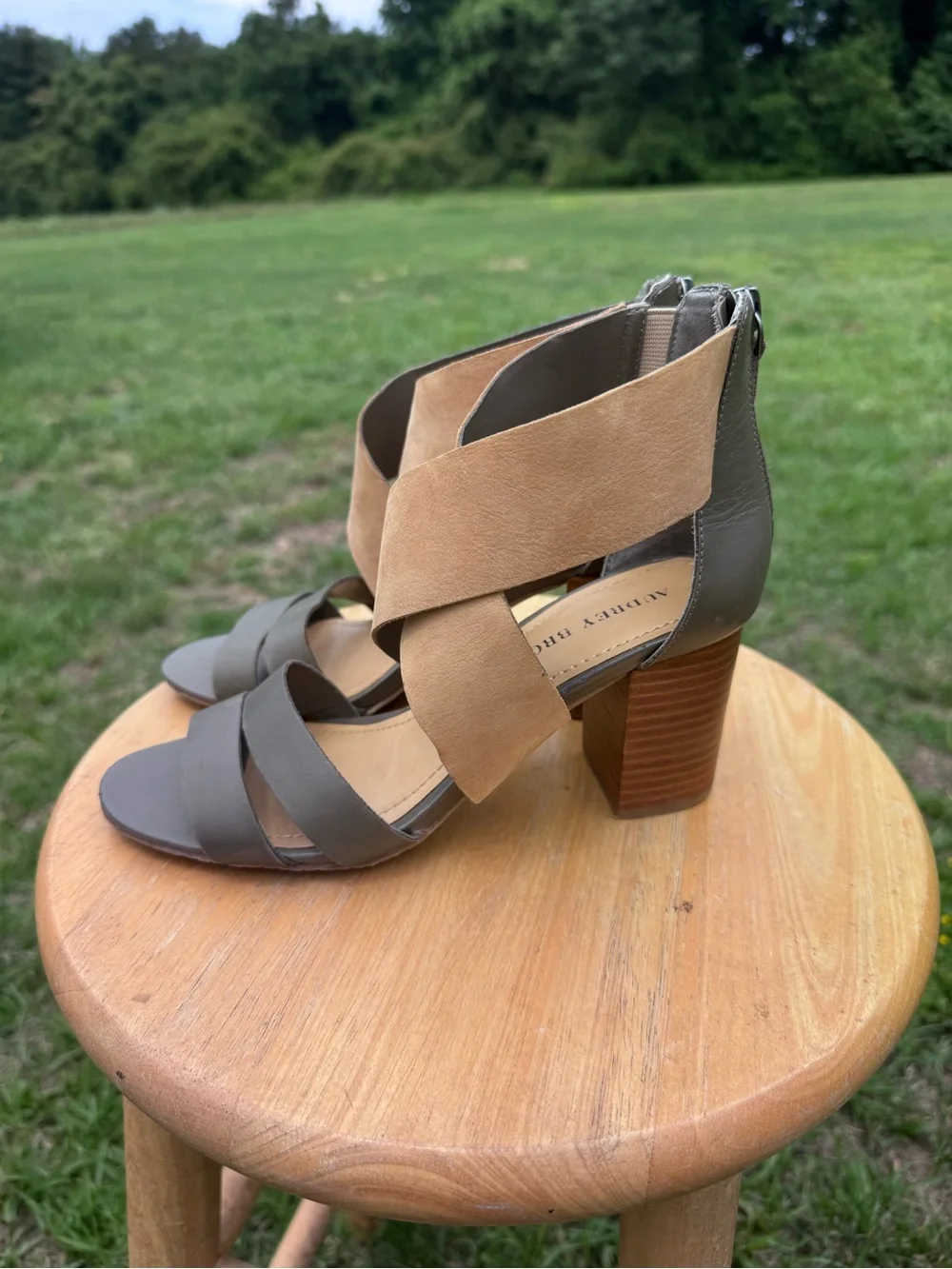 Ladies Audrey Brooke Taupe and Beige Crisscross Block Heel Sandals